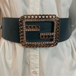 Teal PU leather chunky square buckle elastic waistband belt